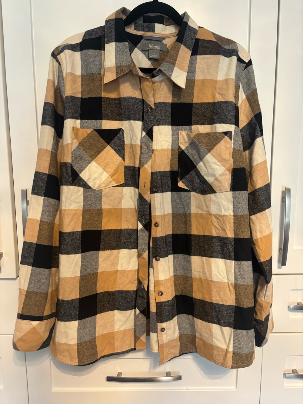 Natiral Reflections Plaid Button-Up Shirt in Tan, Black & Cream